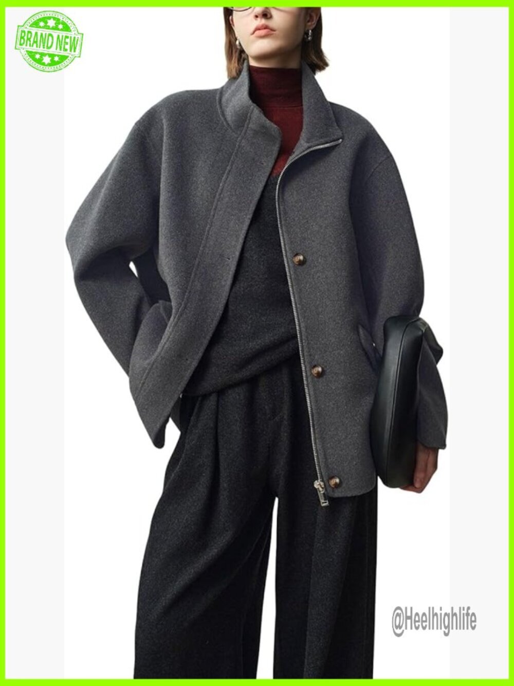 Women's Stand Collar Wool Blend Trench Coat Zip Up Peacoat